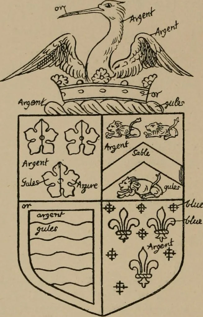 An illustration from The four visitations of Berkshire made and taken by Thomas Benolte, Clarnceuc, anno 1532; by William Harvey, Clarnceux, anno 1566; by Henry Chiting, Chester herald, and John Philipott, Rouge dragon, for William Camden, Clarenceux, anno 1623; and by Elias Ashmole, Windsor herald, for Sir Edward Bysshe, Clarenceux, anno 1665-66, 1907, leaf 496