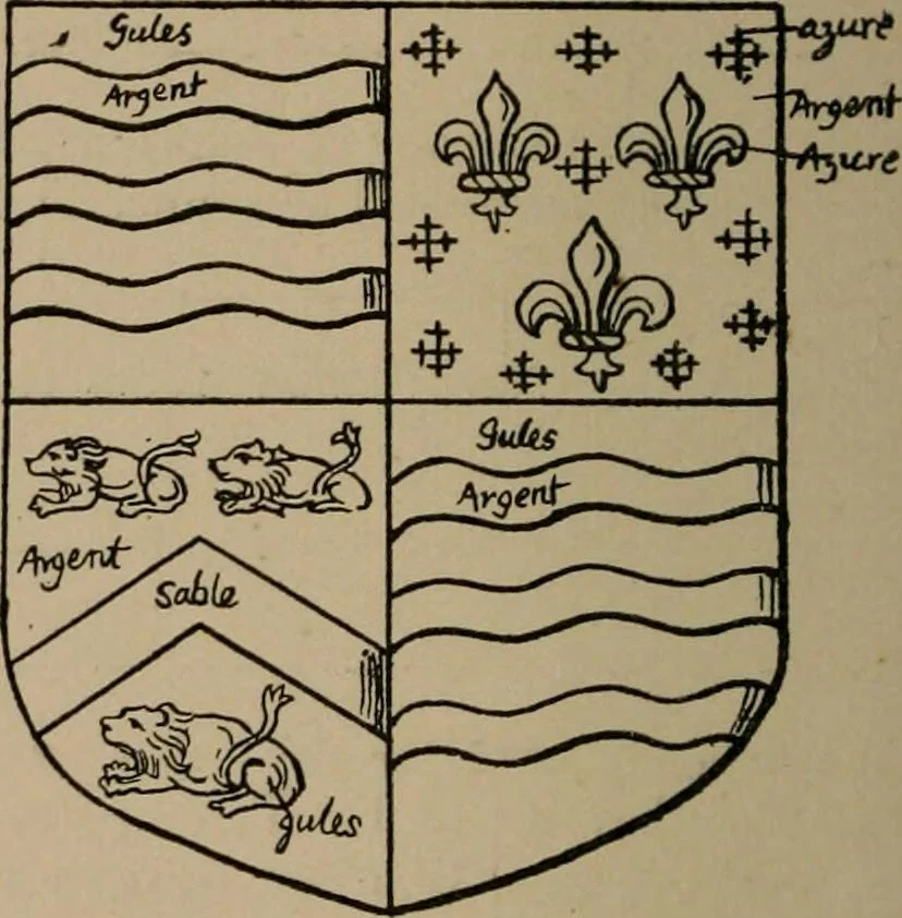 An illustration from The four visitations of Berkshire made and taken by Thomas Benolte, Clarnceuc, anno 1532; by William Harvey, Clarnceux, anno 1566; by Henry Chiting, Chester herald, and John Philipott, Rouge dragon, for William Camden, Clarenceux, anno 1623; and by Elias Ashmole, Windsor herald, for Sir Edward Bysshe, Clarenceux, anno 1665-66, 1907, leaf 496