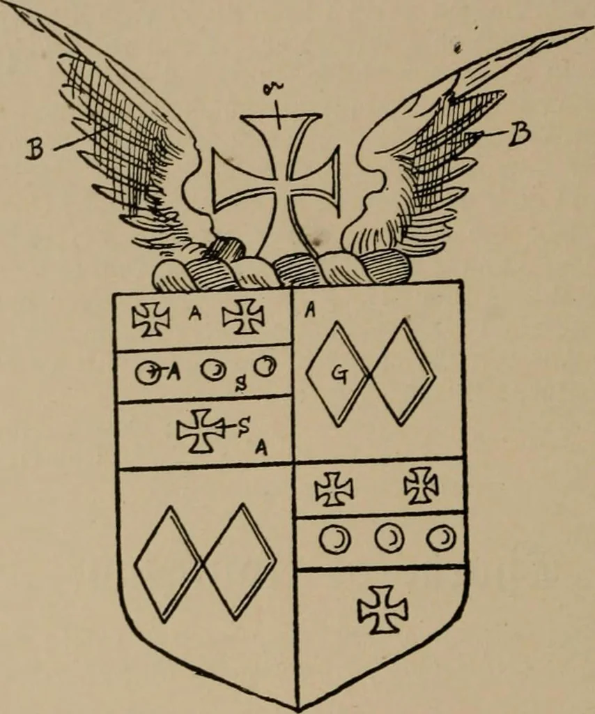 An illustration from The four visitations of Berkshire made and taken by Thomas Benolte, Clarnceuc, anno 1532; by William Harvey, Clarnceux, anno 1566; by Henry Chiting, Chester herald, and John Philipott, Rouge dragon, for William Camden, Clarenceux, anno 1623; and by Elias Ashmole, Windsor herald, for Sir Edward Bysshe, Clarenceux, anno 1665-66, 1907, leaf 498