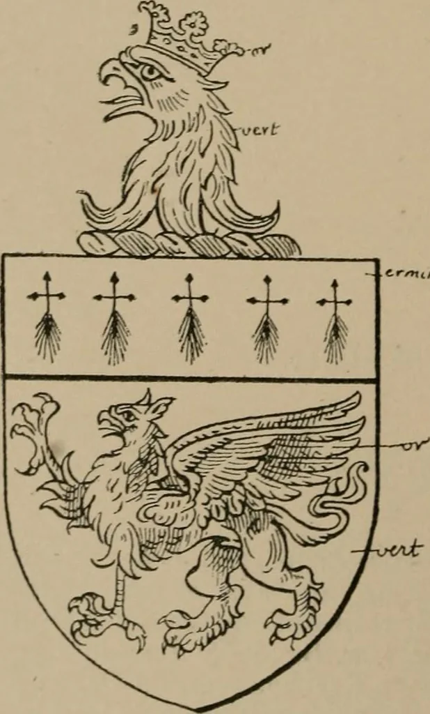An illustration from The four visitations of Berkshire made and taken by Thomas Benolte, Clarnceuc, anno 1532; by William Harvey, Clarnceux, anno 1566; by Henry Chiting, Chester herald, and John Philipott, Rouge dragon, for William Camden, Clarenceux, anno 1623; and by Elias Ashmole, Windsor herald, for Sir Edward Bysshe, Clarenceux, anno 1665-66, 1907, leaf 500