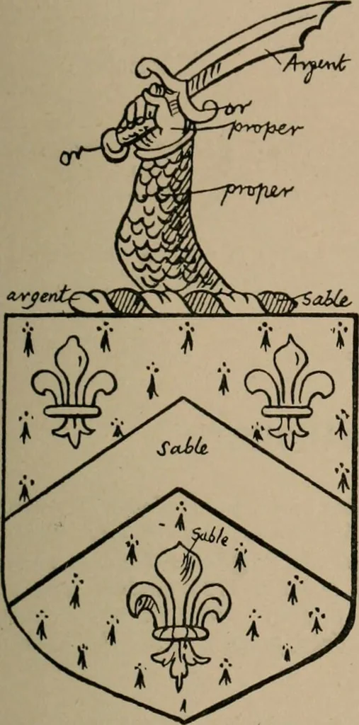 An illustration from The four visitations of Berkshire made and taken by Thomas Benolte, Clarnceuc, anno 1532; by William Harvey, Clarnceux, anno 1566; by Henry Chiting, Chester herald, and John Philipott, Rouge dragon, for William Camden, Clarenceux, anno 1623; and by Elias Ashmole, Windsor herald, for Sir Edward Bysshe, Clarenceux, anno 1665-66, 1907, leaf 501