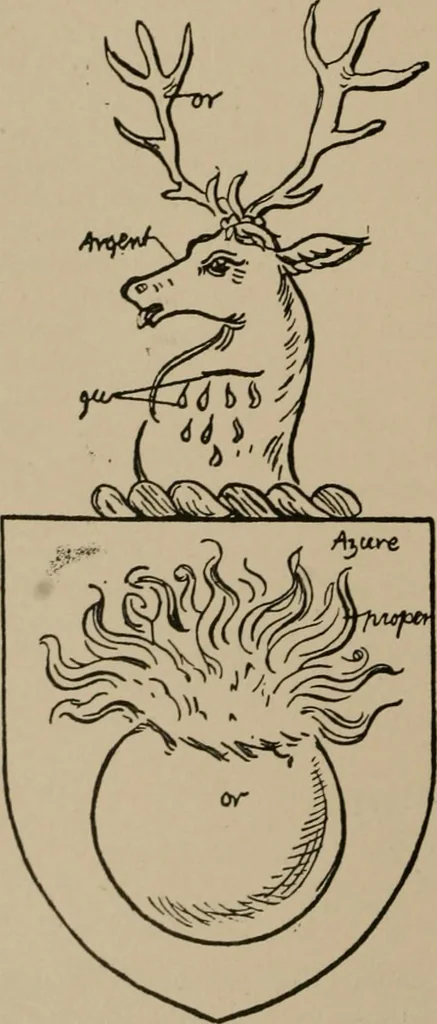 An illustration from The four visitations of Berkshire made and taken by Thomas Benolte, Clarnceuc, anno 1532; by William Harvey, Clarnceux, anno 1566; by Henry Chiting, Chester herald, and John Philipott, Rouge dragon, for William Camden, Clarenceux, anno 1623; and by Elias Ashmole, Windsor herald, for Sir Edward Bysshe, Clarenceux, anno 1665-66, 1907, leaf 502