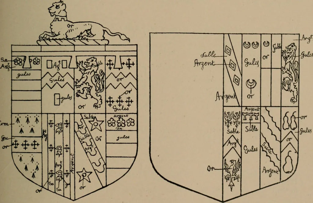 An illustration from The four visitations of Berkshire made and taken by Thomas Benolte, Clarnceuc, anno 1532; by William Harvey, Clarnceux, anno 1566; by Henry Chiting, Chester herald, and John Philipott, Rouge dragon, for William Camden, Clarenceux, anno 1623; and by Elias Ashmole, Windsor herald, for Sir Edward Bysshe, Clarenceux, anno 1665-66, 1907, leaf 505