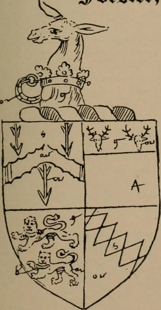 An illustration from The four visitations of Berkshire made and taken by Thomas Benolte, Clarnceuc, anno 1532; by William Harvey, Clarnceux, anno 1566; by Henry Chiting, Chester herald, and John Philipott, Rouge dragon, for William Camden, Clarenceux, anno 1623; and by Elias Ashmole, Windsor herald, for Sir Edward Bysshe, Clarenceux, anno 1665-66, 1907, leaf 51