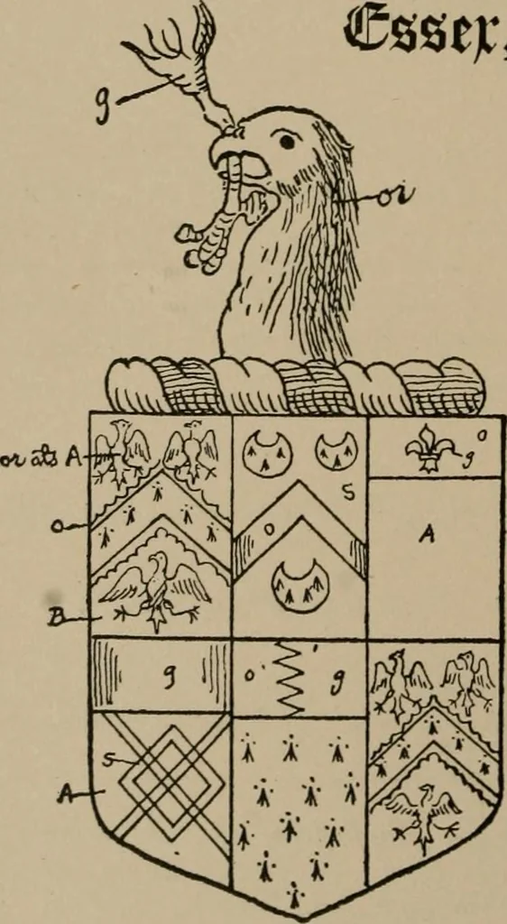An illustration from The four visitations of Berkshire made and taken by Thomas Benolte, Clarnceuc, anno 1532; by William Harvey, Clarnceux, anno 1566; by Henry Chiting, Chester herald, and John Philipott, Rouge dragon, for William Camden, Clarenceux, anno 1623; and by Elias Ashmole, Windsor herald, for Sir Edward Bysshe, Clarenceux, anno 1665-66, 1907, leaf 514