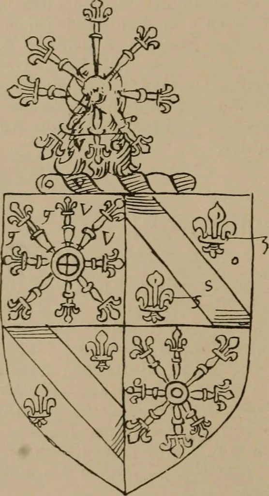 An illustration from The four visitations of Berkshire made and taken by Thomas Benolte, Clarnceuc, anno 1532; by William Harvey, Clarnceux, anno 1566; by Henry Chiting, Chester herald, and John Philipott, Rouge dragon, for William Camden, Clarenceux, anno 1623; and by Elias Ashmole, Windsor herald, for Sir Edward Bysshe, Clarenceux, anno 1665-66, 1907, leaf 52