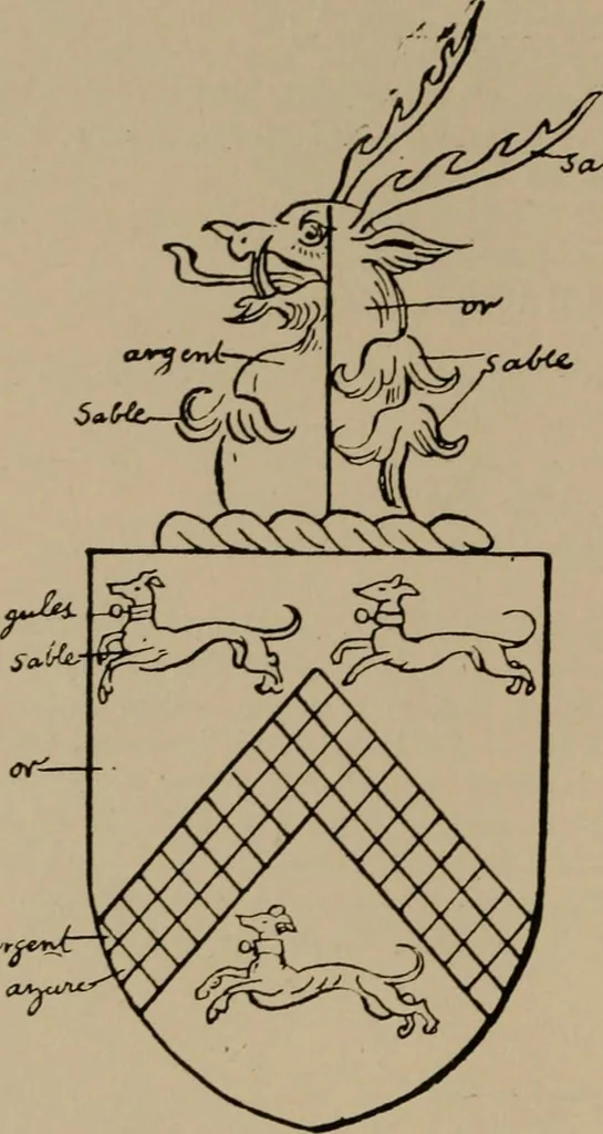 An illustration from The four visitations of Berkshire made and taken by Thomas Benolte, Clarnceuc, anno 1532; by William Harvey, Clarnceux, anno 1566; by Henry Chiting, Chester herald, and John Philipott, Rouge dragon, for William Camden, Clarenceux, anno 1623; and by Elias Ashmole, Windsor herald, for Sir Edward Bysshe, Clarenceux, anno 1665-66, 1907, leaf 520