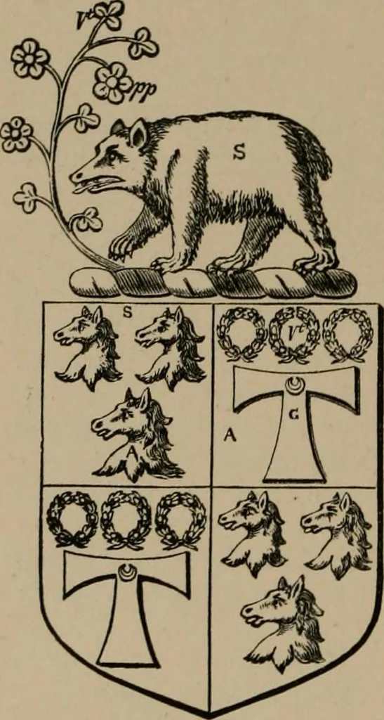 An illustration from The four visitations of Berkshire made and taken by Thomas Benolte, Clarnceuc, anno 1532; by William Harvey, Clarnceux, anno 1566; by Henry Chiting, Chester herald, and John Philipott, Rouge dragon, for William Camden, Clarenceux, anno 1623; and by Elias Ashmole, Windsor herald, for Sir Edward Bysshe, Clarenceux, anno 1665-66, 1907, leaf 524