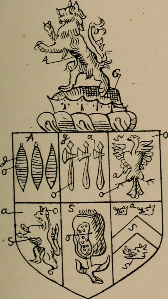 An illustration from The four visitations of Berkshire made and taken by Thomas Benolte, Clarnceuc, anno 1532; by William Harvey, Clarnceux, anno 1566; by Henry Chiting, Chester herald, and John Philipott, Rouge dragon, for William Camden, Clarenceux, anno 1623; and by Elias Ashmole, Windsor herald, for Sir Edward Bysshe, Clarenceux, anno 1665-66, 1907, leaf 539