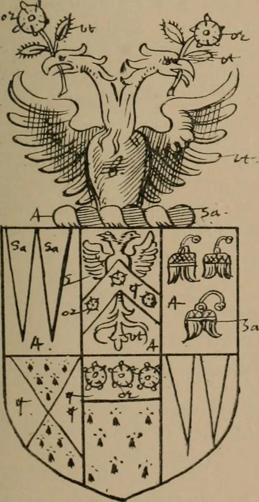 An illustration from The four visitations of Berkshire made and taken by Thomas Benolte, Clarnceuc, anno 1532; by William Harvey, Clarnceux, anno 1566; by Henry Chiting, Chester herald, and John Philipott, Rouge dragon, for William Camden, Clarenceux, anno 1623; and by Elias Ashmole, Windsor herald, for Sir Edward Bysshe, Clarenceux, anno 1665-66, 1907, leaf 55