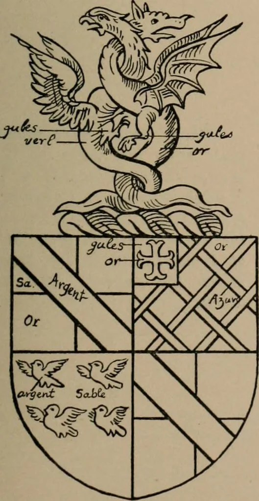 An illustration from The four visitations of Berkshire made and taken by Thomas Benolte, Clarnceuc, anno 1532; by William Harvey, Clarnceux, anno 1566; by Henry Chiting, Chester herald, and John Philipott, Rouge dragon, for William Camden, Clarenceux, anno 1623; and by Elias Ashmole, Windsor herald, for Sir Edward Bysshe, Clarenceux, anno 1665-66, 1907, leaf 557