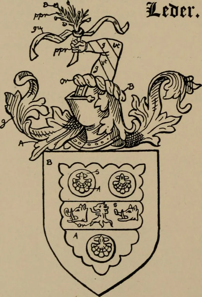 An illustration from The four visitations of Berkshire made and taken by Thomas Benolte, Clarnceuc, anno 1532; by William Harvey, Clarnceux, anno 1566; by Henry Chiting, Chester herald, and John Philipott, Rouge dragon, for William Camden, Clarenceux, anno 1623; and by Elias Ashmole, Windsor herald, for Sir Edward Bysshe, Clarenceux, anno 1665-66, 1907, leaf 558