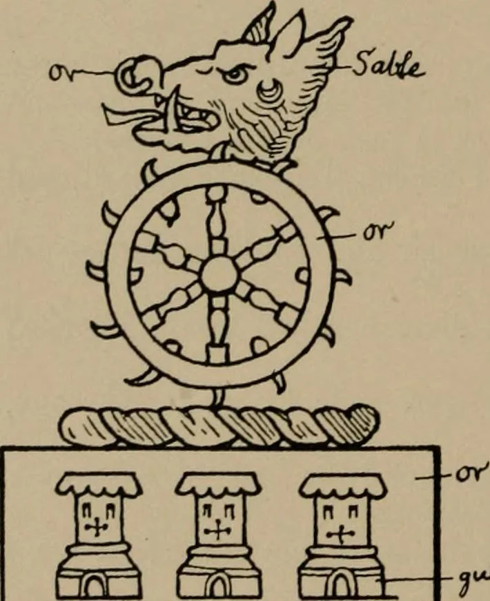 An illustration from The four visitations of Berkshire made and taken by Thomas Benolte, Clarnceuc, anno 1532; by William Harvey, Clarnceux, anno 1566; by Henry Chiting, Chester herald, and John Philipott, Rouge dragon, for William Camden, Clarenceux, anno 1623; and by Elias Ashmole, Windsor herald, for Sir Edward Bysshe, Clarenceux, anno 1665-66, 1907, leaf 564