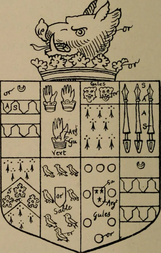 An illustration from The four visitations of Berkshire made and taken by Thomas Benolte, Clarnceuc, anno 1532; by William Harvey, Clarnceux, anno 1566; by Henry Chiting, Chester herald, and John Philipott, Rouge dragon, for William Camden, Clarenceux, anno 1623; and by Elias Ashmole, Windsor herald, for Sir Edward Bysshe, Clarenceux, anno 1665-66, 1907, leaf 564