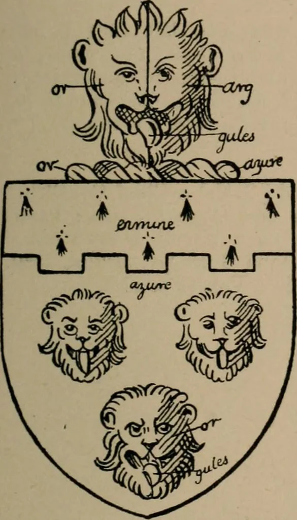 An illustration from The four visitations of Berkshire made and taken by Thomas Benolte, Clarnceuc, anno 1532; by William Harvey, Clarnceux, anno 1566; by Henry Chiting, Chester herald, and John Philipott, Rouge dragon, for William Camden, Clarenceux, anno 1623; and by Elias Ashmole, Windsor herald, for Sir Edward Bysshe, Clarenceux, anno 1665-66, 1907, leaf 569