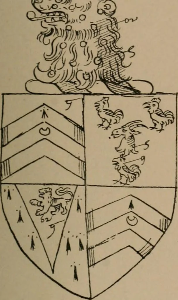 An illustration from The four visitations of Berkshire made and taken by Thomas Benolte, Clarnceuc, anno 1532; by William Harvey, Clarnceux, anno 1566; by Henry Chiting, Chester herald, and John Philipott, Rouge dragon, for William Camden, Clarenceux, anno 1623; and by Elias Ashmole, Windsor herald, for Sir Edward Bysshe, Clarenceux, anno 1665-66, 1907, leaf 57