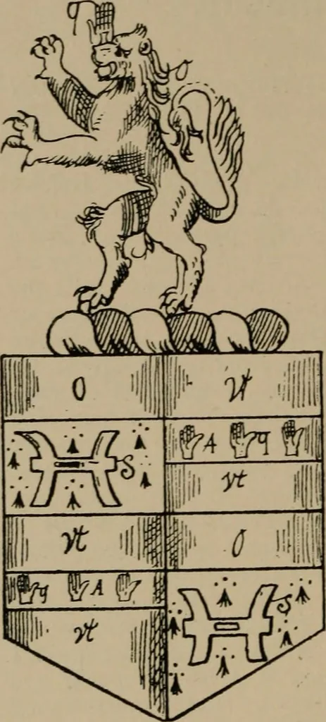An illustration from The four visitations of Berkshire made and taken by Thomas Benolte, Clarnceuc, anno 1532; by William Harvey, Clarnceux, anno 1566; by Henry Chiting, Chester herald, and John Philipott, Rouge dragon, for William Camden, Clarenceux, anno 1623; and by Elias Ashmole, Windsor herald, for Sir Edward Bysshe, Clarenceux, anno 1665-66, 1907, leaf 570