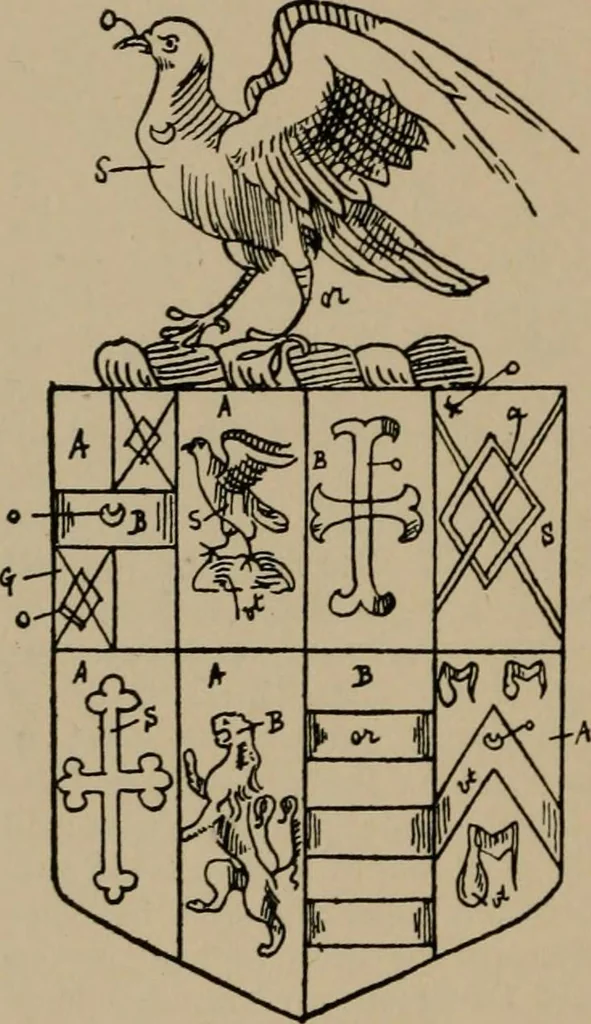 An illustration from The four visitations of Berkshire made and taken by Thomas Benolte, Clarnceuc, anno 1532; by William Harvey, Clarnceux, anno 1566; by Henry Chiting, Chester herald, and John Philipott, Rouge dragon, for William Camden, Clarenceux, anno 1623; and by Elias Ashmole, Windsor herald, for Sir Edward Bysshe, Clarenceux, anno 1665-66, 1907, leaf 574