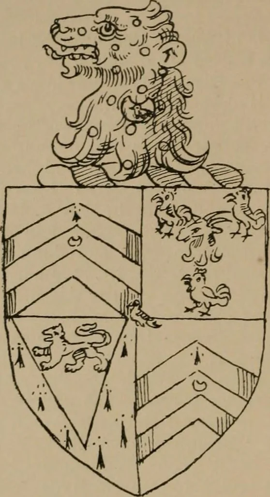 An illustration from The four visitations of Berkshire made and taken by Thomas Benolte, Clarnceuc, anno 1532; by William Harvey, Clarnceux, anno 1566; by Henry Chiting, Chester herald, and John Philipott, Rouge dragon, for William Camden, Clarenceux, anno 1623; and by Elias Ashmole, Windsor herald, for Sir Edward Bysshe, Clarenceux, anno 1665-66, 1907, leaf 58