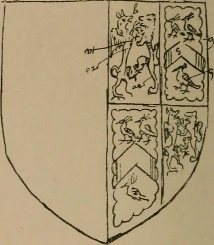 An illustration from The four visitations of Berkshire made and taken by Thomas Benolte, Clarnceuc, anno 1532; by William Harvey, Clarnceux, anno 1566; by Henry Chiting, Chester herald, and John Philipott, Rouge dragon, for William Camden, Clarenceux, anno 1623; and by Elias Ashmole, Windsor herald, for Sir Edward Bysshe, Clarenceux, anno 1665-66, 1907, leaf 58