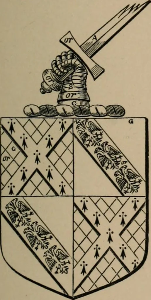An illustration from The four visitations of Berkshire made and taken by Thomas Benolte, Clarnceuc, anno 1532; by William Harvey, Clarnceux, anno 1566; by Henry Chiting, Chester herald, and John Philipott, Rouge dragon, for William Camden, Clarenceux, anno 1623; and by Elias Ashmole, Windsor herald, for Sir Edward Bysshe, Clarenceux, anno 1665-66, 1907, leaf 583