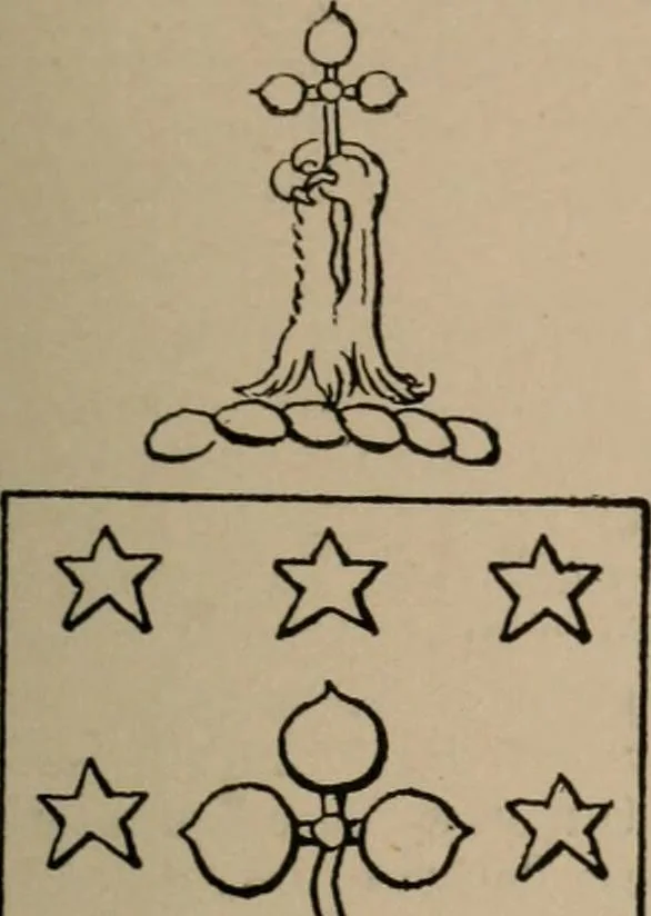 An illustration from The four visitations of Berkshire made and taken by Thomas Benolte, Clarnceuc, anno 1532; by William Harvey, Clarnceux, anno 1566; by Henry Chiting, Chester herald, and John Philipott, Rouge dragon, for William Camden, Clarenceux, anno 1623; and by Elias Ashmole, Windsor herald, for Sir Edward Bysshe, Clarenceux, anno 1665-66, 1907, leaf 585