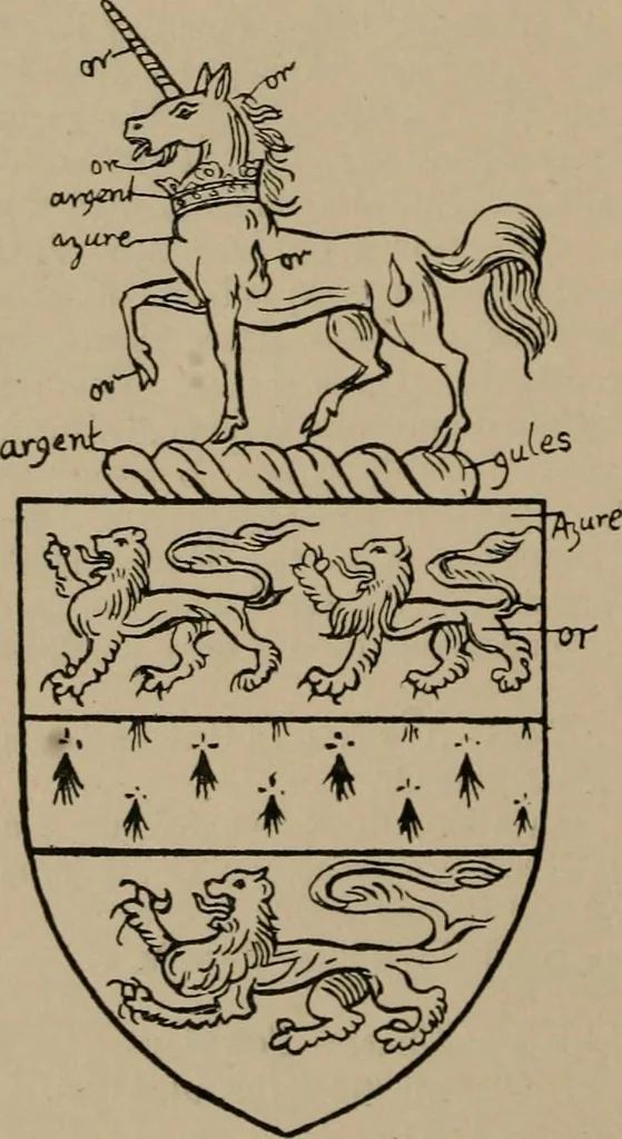An illustration from The four visitations of Berkshire made and taken by Thomas Benolte, Clarnceuc, anno 1532; by William Harvey, Clarnceux, anno 1566; by Henry Chiting, Chester herald, and John Philipott, Rouge dragon, for William Camden, Clarenceux, anno 1623; and by Elias Ashmole, Windsor herald, for Sir Edward Bysshe, Clarenceux, anno 1665-66, 1907, leaf 588