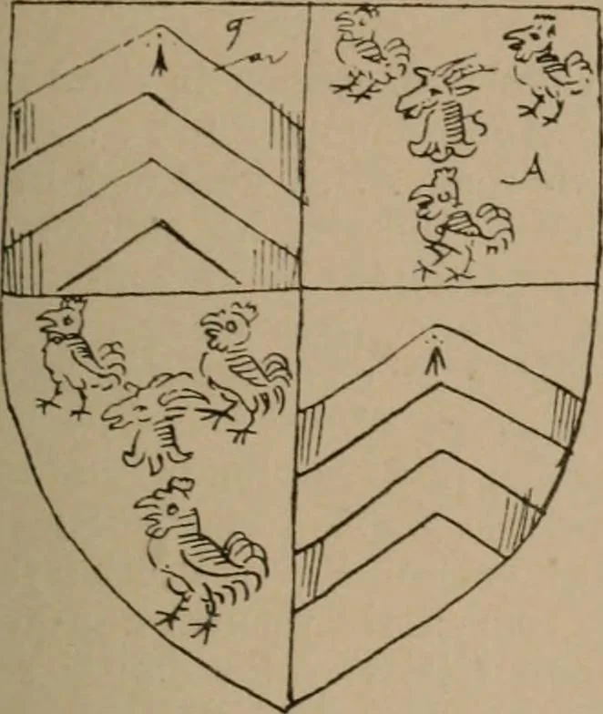 An illustration from The four visitations of Berkshire made and taken by Thomas Benolte, Clarnceuc, anno 1532; by William Harvey, Clarnceux, anno 1566; by Henry Chiting, Chester herald, and John Philipott, Rouge dragon, for William Camden, Clarenceux, anno 1623; and by Elias Ashmole, Windsor herald, for Sir Edward Bysshe, Clarenceux, anno 1665-66, 1907, leaf 59