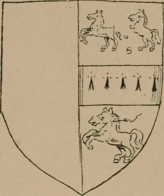 An illustration from The four visitations of Berkshire made and taken by Thomas Benolte, Clarnceuc, anno 1532; by William Harvey, Clarnceux, anno 1566; by Henry Chiting, Chester herald, and John Philipott, Rouge dragon, for William Camden, Clarenceux, anno 1623; and by Elias Ashmole, Windsor herald, for Sir Edward Bysshe, Clarenceux, anno 1665-66, 1907, leaf 59