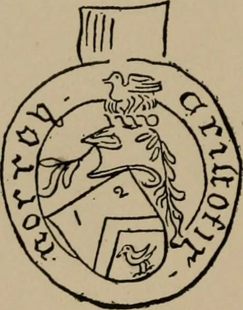 An illustration from The four visitations of Berkshire made and taken by Thomas Benolte, Clarnceuc, anno 1532; by William Harvey, Clarnceux, anno 1566; by Henry Chiting, Chester herald, and John Philipott, Rouge dragon, for William Camden, Clarenceux, anno 1623; and by Elias Ashmole, Windsor herald, for Sir Edward Bysshe, Clarenceux, anno 1665-66, 1907, leaf 590