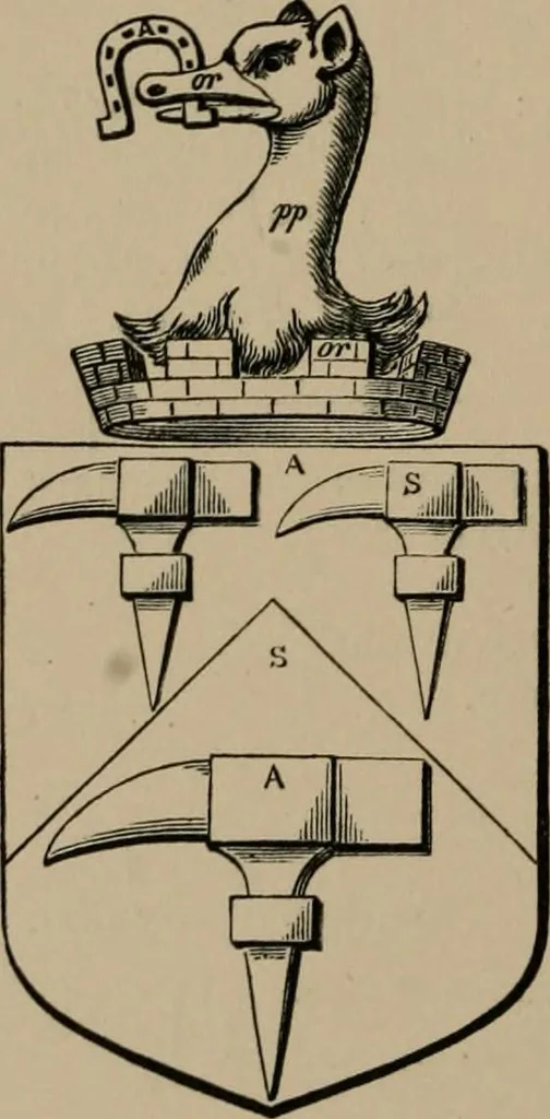 An illustration from The four visitations of Berkshire made and taken by Thomas Benolte, Clarnceuc, anno 1532; by William Harvey, Clarnceux, anno 1566; by Henry Chiting, Chester herald, and John Philipott, Rouge dragon, for William Camden, Clarenceux, anno 1623; and by Elias Ashmole, Windsor herald, for Sir Edward Bysshe, Clarenceux, anno 1665-66, 1907, leaf 598