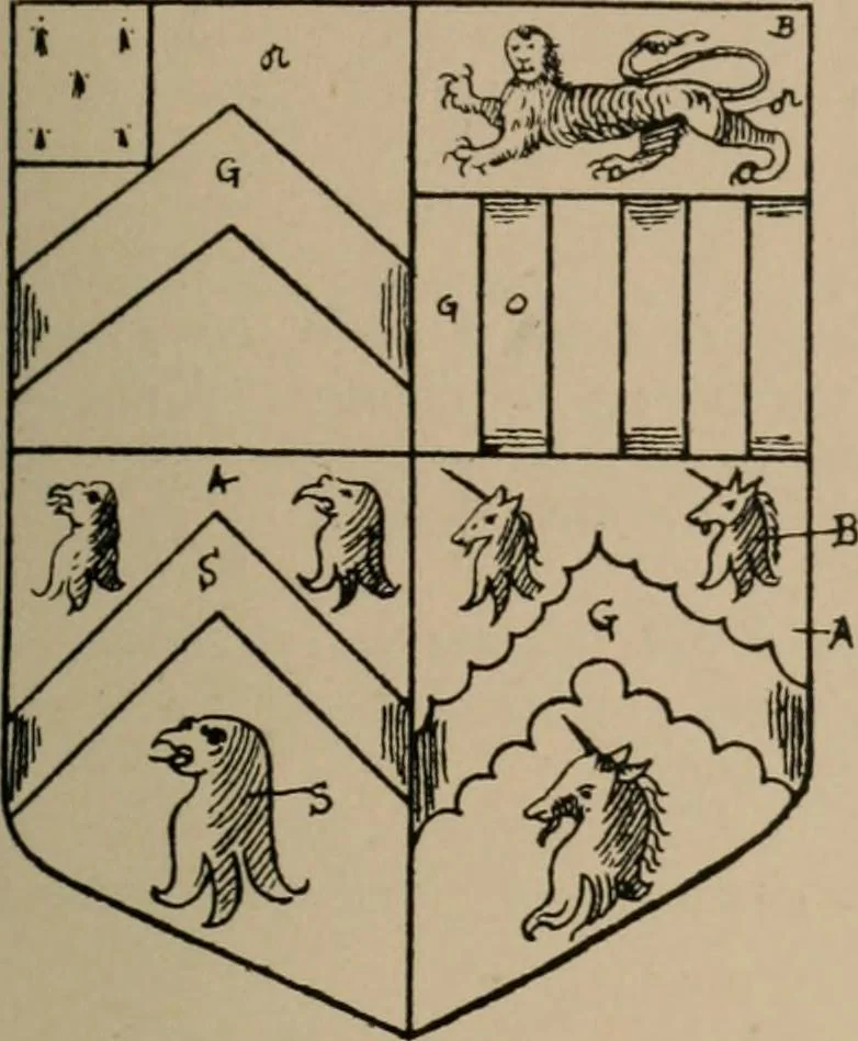 An illustration from The four visitations of Berkshire made and taken by Thomas Benolte, Clarnceuc, anno 1532; by William Harvey, Clarnceux, anno 1566; by Henry Chiting, Chester herald, and John Philipott, Rouge dragon, for William Camden, Clarenceux, anno 1623; and by Elias Ashmole, Windsor herald, for Sir Edward Bysshe, Clarenceux, anno 1665-66, 1907, leaf 605