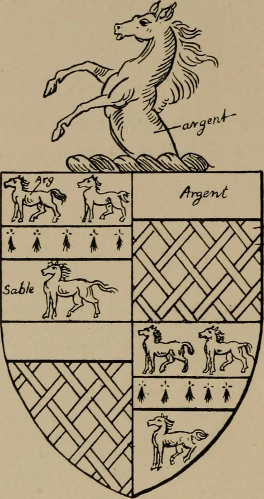 An illustration from The four visitations of Berkshire made and taken by Thomas Benolte, Clarnceuc, anno 1532; by William Harvey, Clarnceux, anno 1566; by Henry Chiting, Chester herald, and John Philipott, Rouge dragon, for William Camden, Clarenceux, anno 1623; and by Elias Ashmole, Windsor herald, for Sir Edward Bysshe, Clarenceux, anno 1665-66, 1907, leaf 606