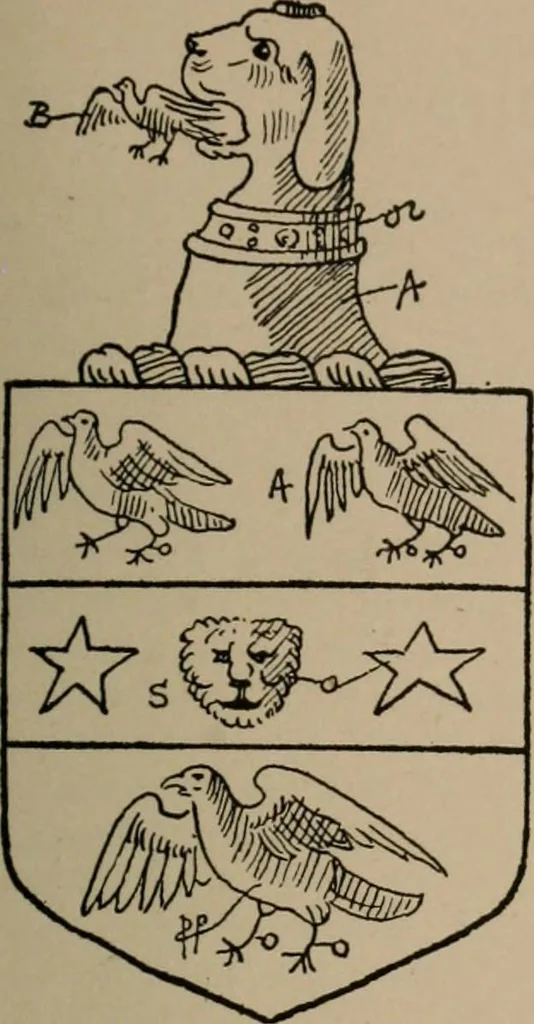 An illustration from The four visitations of Berkshire made and taken by Thomas Benolte, Clarnceuc, anno 1532; by William Harvey, Clarnceux, anno 1566; by Henry Chiting, Chester herald, and John Philipott, Rouge dragon, for William Camden, Clarenceux, anno 1623; and by Elias Ashmole, Windsor herald, for Sir Edward Bysshe, Clarenceux, anno 1665-66, 1907, leaf 607
