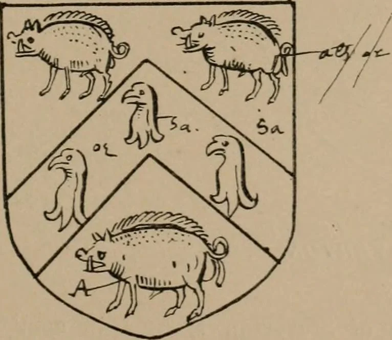 An illustration from The four visitations of Berkshire made and taken by Thomas Benolte, Clarnceuc, anno 1532; by William Harvey, Clarnceux, anno 1566; by Henry Chiting, Chester herald, and John Philipott, Rouge dragon, for William Camden, Clarenceux, anno 1623; and by Elias Ashmole, Windsor herald, for Sir Edward Bysshe, Clarenceux, anno 1665-66, 1907, leaf 61