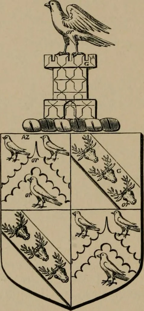 An illustration from The four visitations of Berkshire made and taken by Thomas Benolte, Clarnceuc, anno 1532; by William Harvey, Clarnceux, anno 1566; by Henry Chiting, Chester herald, and John Philipott, Rouge dragon, for William Camden, Clarenceux, anno 1623; and by Elias Ashmole, Windsor herald, for Sir Edward Bysshe, Clarenceux, anno 1665-66, 1907, leaf 616