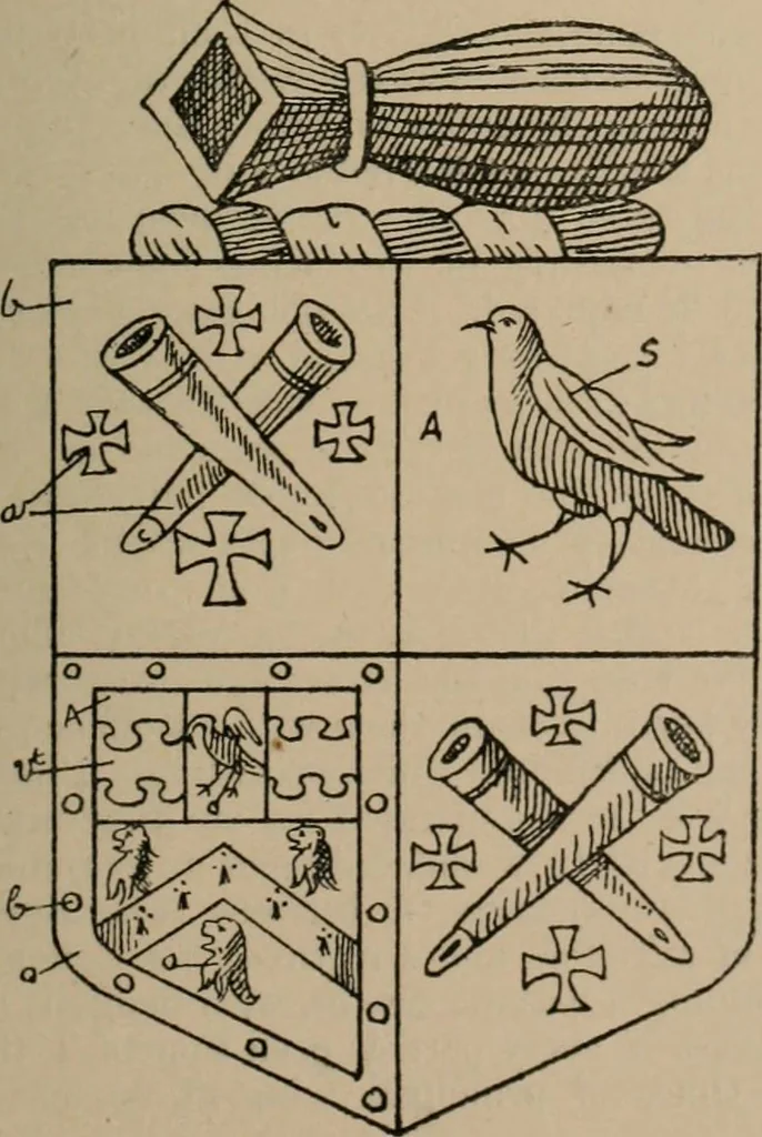 An illustration from The four visitations of Berkshire made and taken by Thomas Benolte, Clarnceuc, anno 1532; by William Harvey, Clarnceux, anno 1566; by Henry Chiting, Chester herald, and John Philipott, Rouge dragon, for William Camden, Clarenceux, anno 1623; and by Elias Ashmole, Windsor herald, for Sir Edward Bysshe, Clarenceux, anno 1665-66, 1907, leaf 619