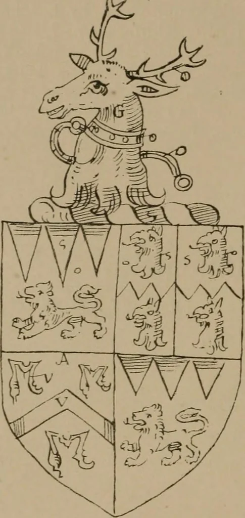 An illustration from The four visitations of Berkshire made and taken by Thomas Benolte, Clarnceuc, anno 1532; by William Harvey, Clarnceux, anno 1566; by Henry Chiting, Chester herald, and John Philipott, Rouge dragon, for William Camden, Clarenceux, anno 1623; and by Elias Ashmole, Windsor herald, for Sir Edward Bysshe, Clarenceux, anno 1665-66, 1907, leaf 62