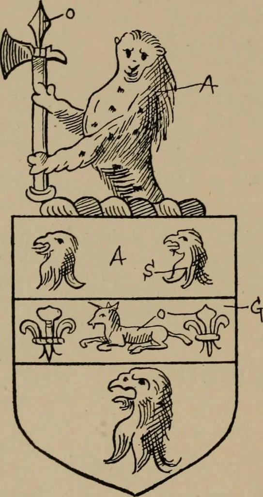 An illustration from The four visitations of Berkshire made and taken by Thomas Benolte, Clarnceuc, anno 1532; by William Harvey, Clarnceux, anno 1566; by Henry Chiting, Chester herald, and John Philipott, Rouge dragon, for William Camden, Clarenceux, anno 1623; and by Elias Ashmole, Windsor herald, for Sir Edward Bysshe, Clarenceux, anno 1665-66, 1907, leaf 620