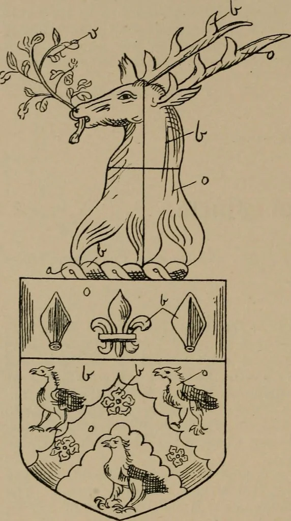 An illustration from The four visitations of Berkshire made and taken by Thomas Benolte, Clarnceuc, anno 1532; by William Harvey, Clarnceux, anno 1566; by Henry Chiting, Chester herald, and John Philipott, Rouge dragon, for William Camden, Clarenceux, anno 1623; and by Elias Ashmole, Windsor herald, for Sir Edward Bysshe, Clarenceux, anno 1665-66, 1907, leaf 622