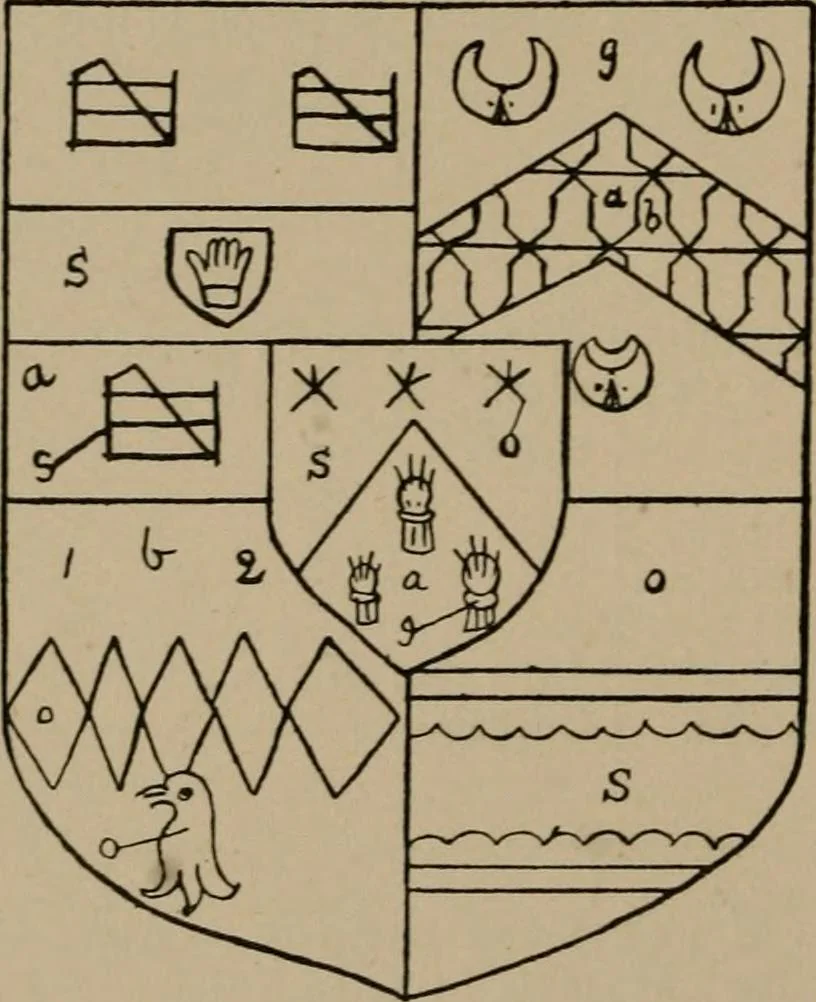 An illustration from The four visitations of Berkshire made and taken by Thomas Benolte, Clarnceuc, anno 1532; by William Harvey, Clarnceux, anno 1566; by Henry Chiting, Chester herald, and John Philipott, Rouge dragon, for William Camden, Clarenceux, anno 1623; and by Elias Ashmole, Windsor herald, for Sir Edward Bysshe, Clarenceux, anno 1665-66, 1907, leaf 624