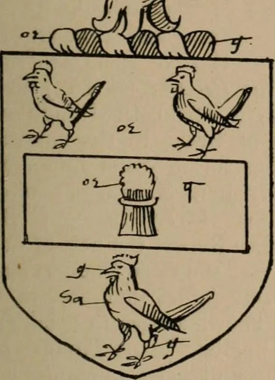 An illustration from The four visitations of Berkshire made and taken by Thomas Benolte, Clarnceuc, anno 1532; by William Harvey, Clarnceux, anno 1566; by Henry Chiting, Chester herald, and John Philipott, Rouge dragon, for William Camden, Clarenceux, anno 1623; and by Elias Ashmole, Windsor herald, for Sir Edward Bysshe, Clarenceux, anno 1665-66, 1907, leaf 67
