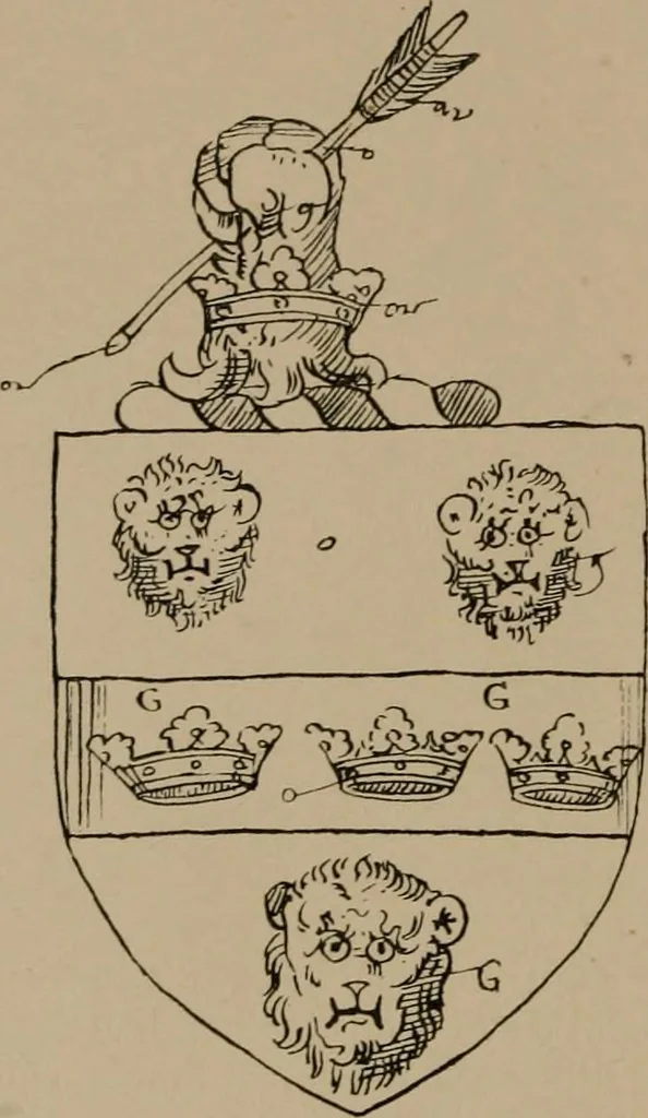 An illustration from The four visitations of Berkshire made and taken by Thomas Benolte, Clarnceuc, anno 1532; by William Harvey, Clarnceux, anno 1566; by Henry Chiting, Chester herald, and John Philipott, Rouge dragon, for William Camden, Clarenceux, anno 1623; and by Elias Ashmole, Windsor herald, for Sir Edward Bysshe, Clarenceux, anno 1665-66, 1907, leaf 68