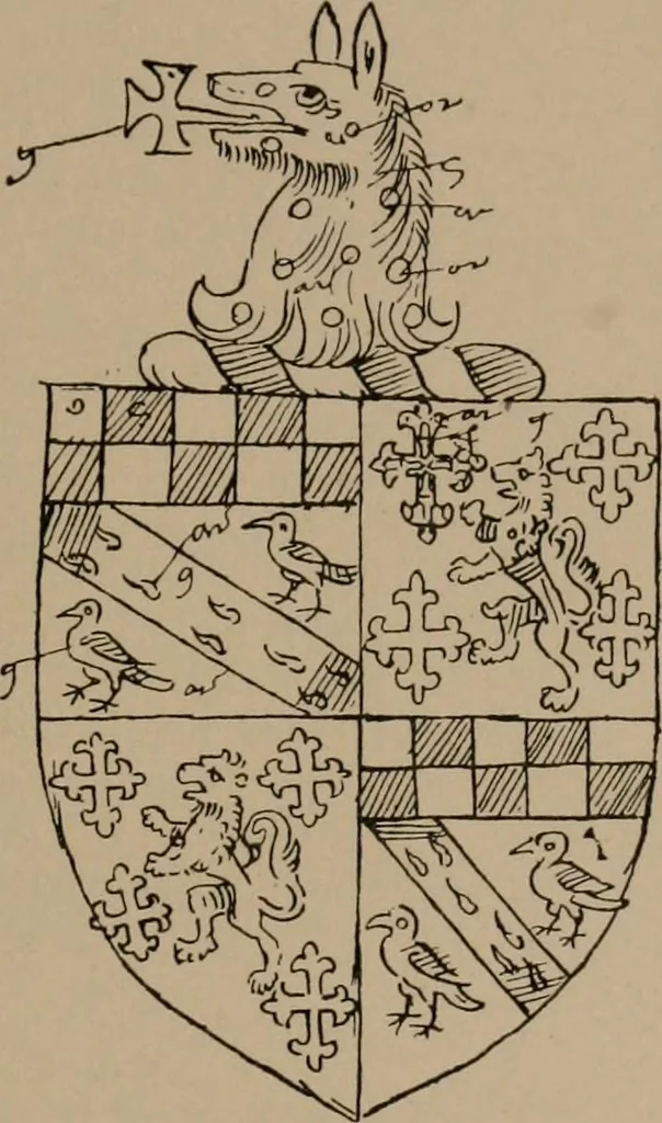 An illustration from The four visitations of Berkshire made and taken by Thomas Benolte, Clarnceuc, anno 1532; by William Harvey, Clarnceux, anno 1566; by Henry Chiting, Chester herald, and John Philipott, Rouge dragon, for William Camden, Clarenceux, anno 1623; and by Elias Ashmole, Windsor herald, for Sir Edward Bysshe, Clarenceux, anno 1665-66, 1907, leaf 69