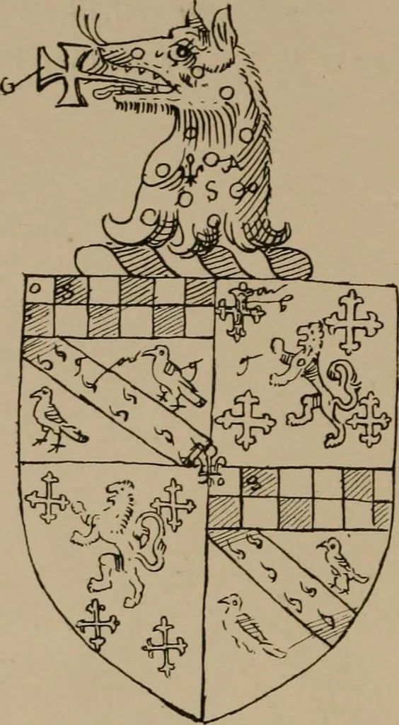 An illustration from The four visitations of Berkshire made and taken by Thomas Benolte, Clarnceuc, anno 1532; by William Harvey, Clarnceux, anno 1566; by Henry Chiting, Chester herald, and John Philipott, Rouge dragon, for William Camden, Clarenceux, anno 1623; and by Elias Ashmole, Windsor herald, for Sir Edward Bysshe, Clarenceux, anno 1665-66, 1907, leaf 70