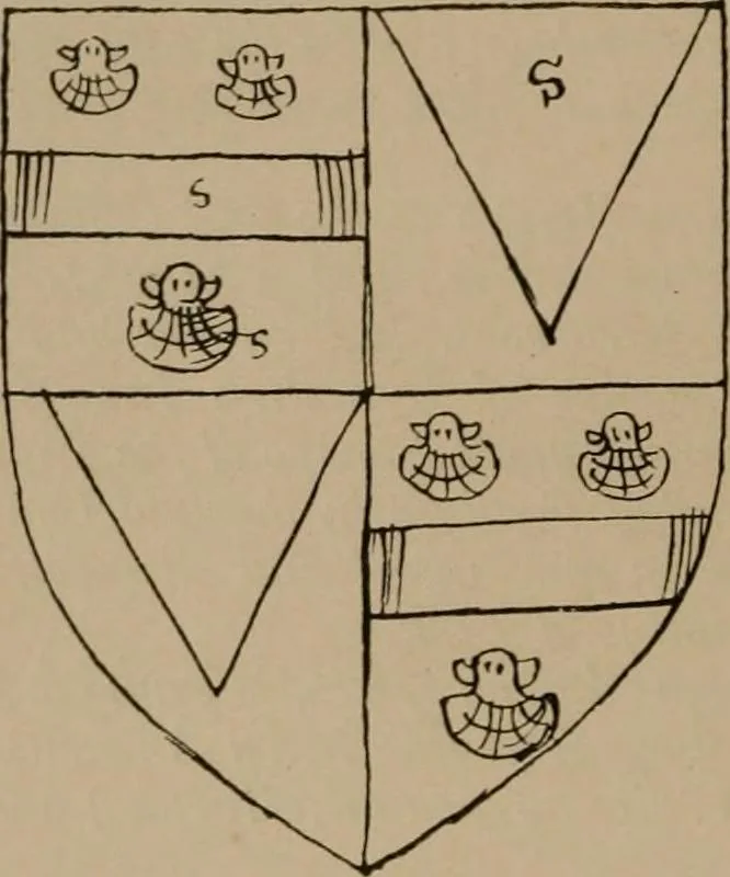 An illustration from The four visitations of Berkshire made and taken by Thomas Benolte, Clarnceuc, anno 1532; by William Harvey, Clarnceux, anno 1566; by Henry Chiting, Chester herald, and John Philipott, Rouge dragon, for William Camden, Clarenceux, anno 1623; and by Elias Ashmole, Windsor herald, for Sir Edward Bysshe, Clarenceux, anno 1665-66, 1907, leaf 76