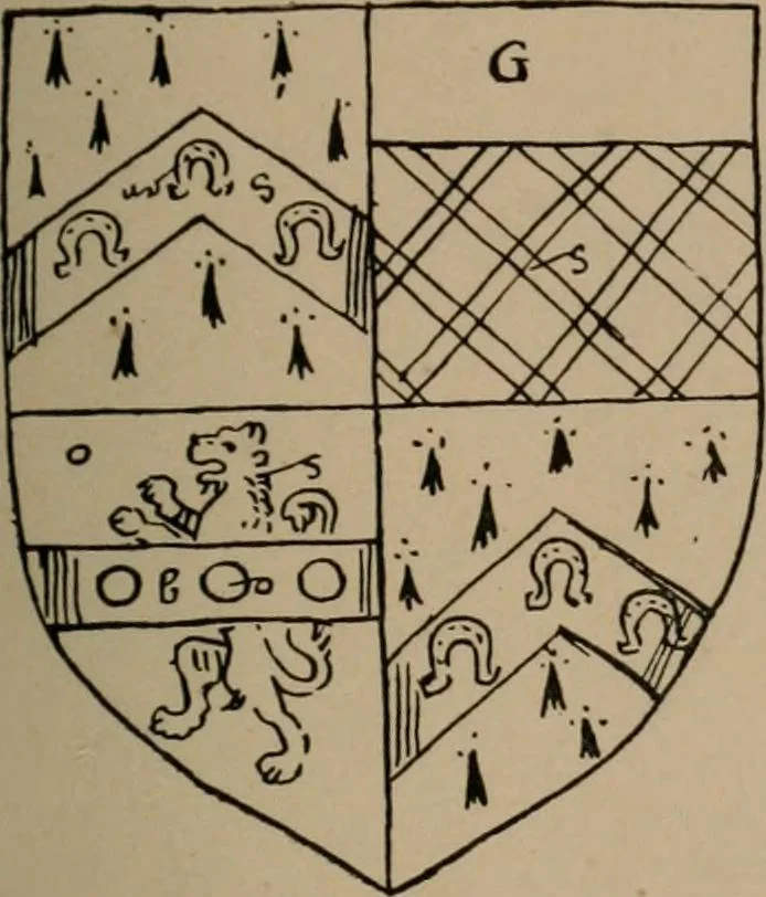 An illustration from The four visitations of Berkshire made and taken by Thomas Benolte, Clarnceuc, anno 1532; by William Harvey, Clarnceux, anno 1566; by Henry Chiting, Chester herald, and John Philipott, Rouge dragon, for William Camden, Clarenceux, anno 1623; and by Elias Ashmole, Windsor herald, for Sir Edward Bysshe, Clarenceux, anno 1665-66, 1907, leaf 77
