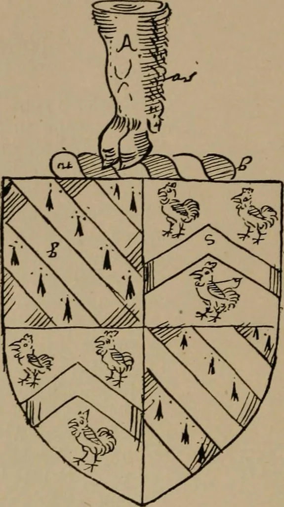 An illustration from The four visitations of Berkshire made and taken by Thomas Benolte, Clarnceuc, anno 1532; by William Harvey, Clarnceux, anno 1566; by Henry Chiting, Chester herald, and John Philipott, Rouge dragon, for William Camden, Clarenceux, anno 1623; and by Elias Ashmole, Windsor herald, for Sir Edward Bysshe, Clarenceux, anno 1665-66, 1907, leaf 78