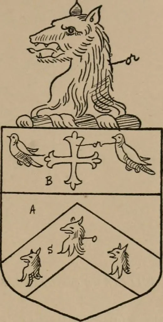 An illustration from The four visitations of Berkshire made and taken by Thomas Benolte, Clarnceuc, anno 1532; by William Harvey, Clarnceux, anno 1566; by Henry Chiting, Chester herald, and John Philipott, Rouge dragon, for William Camden, Clarenceux, anno 1623; and by Elias Ashmole, Windsor herald, for Sir Edward Bysshe, Clarenceux, anno 1665-66, 1907, leaf 79