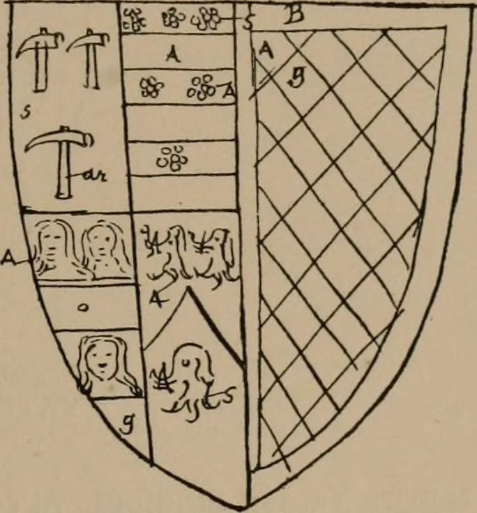 An illustration from The four visitations of Berkshire made and taken by Thomas Benolte, Clarnceuc, anno 1532; by William Harvey, Clarnceux, anno 1566; by Henry Chiting, Chester herald, and John Philipott, Rouge dragon, for William Camden, Clarenceux, anno 1623; and by Elias Ashmole, Windsor herald, for Sir Edward Bysshe, Clarenceux, anno 1665-66, 1907, leaf 83